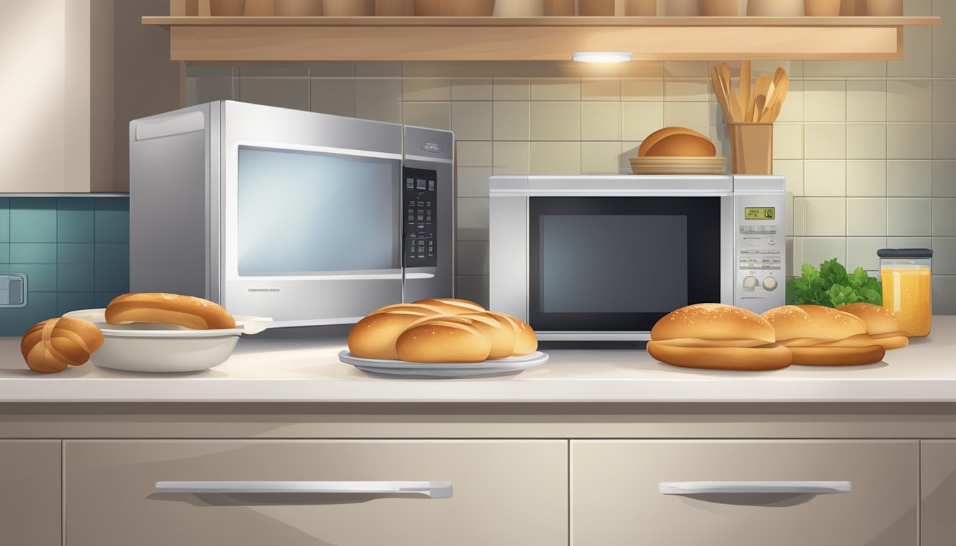 A kitchen counter with a basket of freshly baked rolls and a microwave for reheating