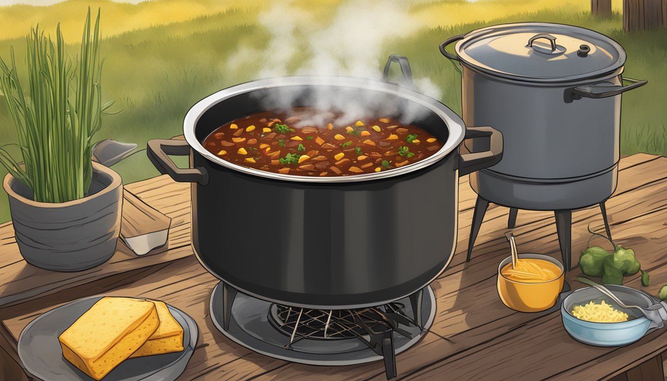 A steaming pot of elk chili simmers on a rustic Texas-style outdoor stove, surrounded by a spread of cornbread, shredded cheese, and chopped green onions