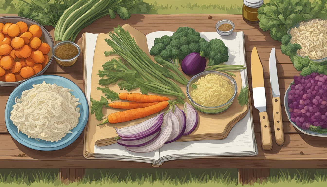 A rustic picnic table with a spread of colorful vegetables and spices, a vintage cookbook open to a page titled "Texas Style Slaw Recipe."