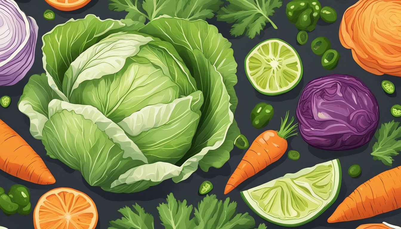 A colorful array of fresh cabbage, carrots, and jalapenos, mixed with tangy dressing and sprinkled with cilantro and lime