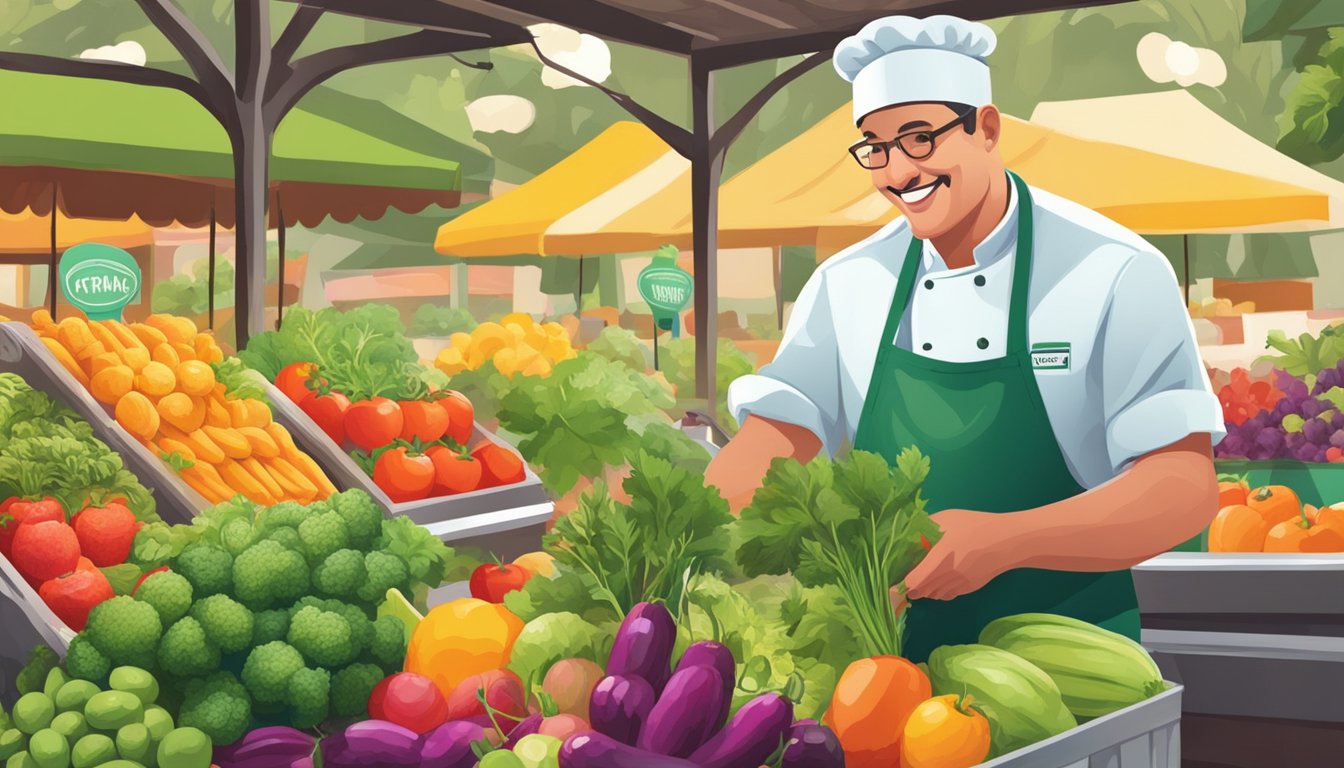 A vibrant farmers market bursting with colorful fruits, vegetables, and herbs. A chef selecting the freshest Texas produce for spring recipes