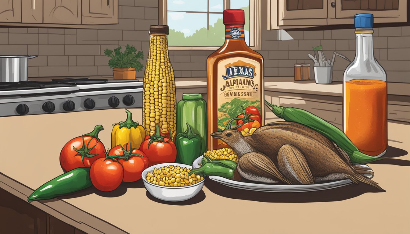 A rustic kitchen counter with fresh quail, corn, jalapeños, and tomatoes, alongside a bottle of local Texas hot sauce