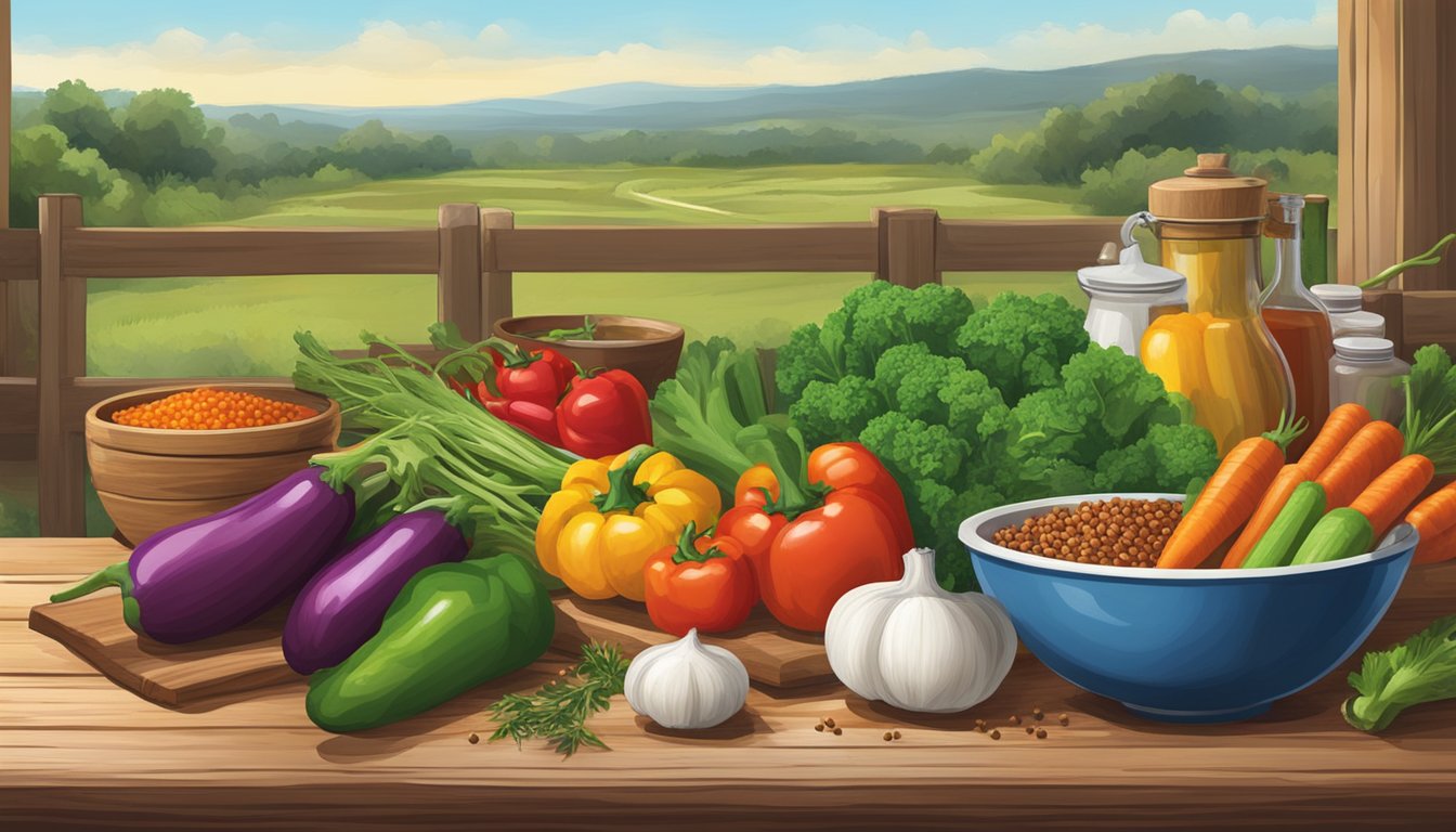 A rustic wooden table with a colorful array of fresh vegetables, spices, and a mixing bowl, surrounded by a Texas landscape