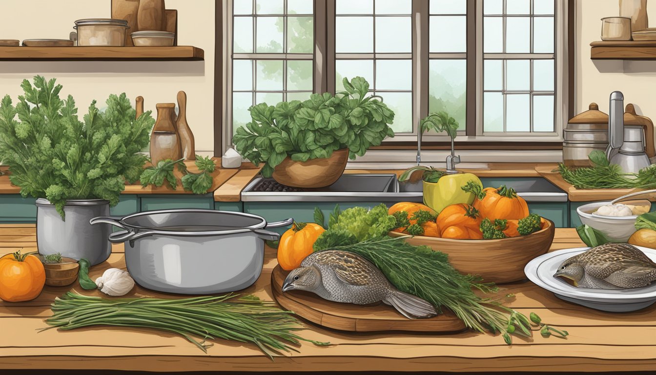 A rustic kitchen counter displays fresh quail, local herbs, and vibrant Texas produce for a mouthwatering recipe illustration