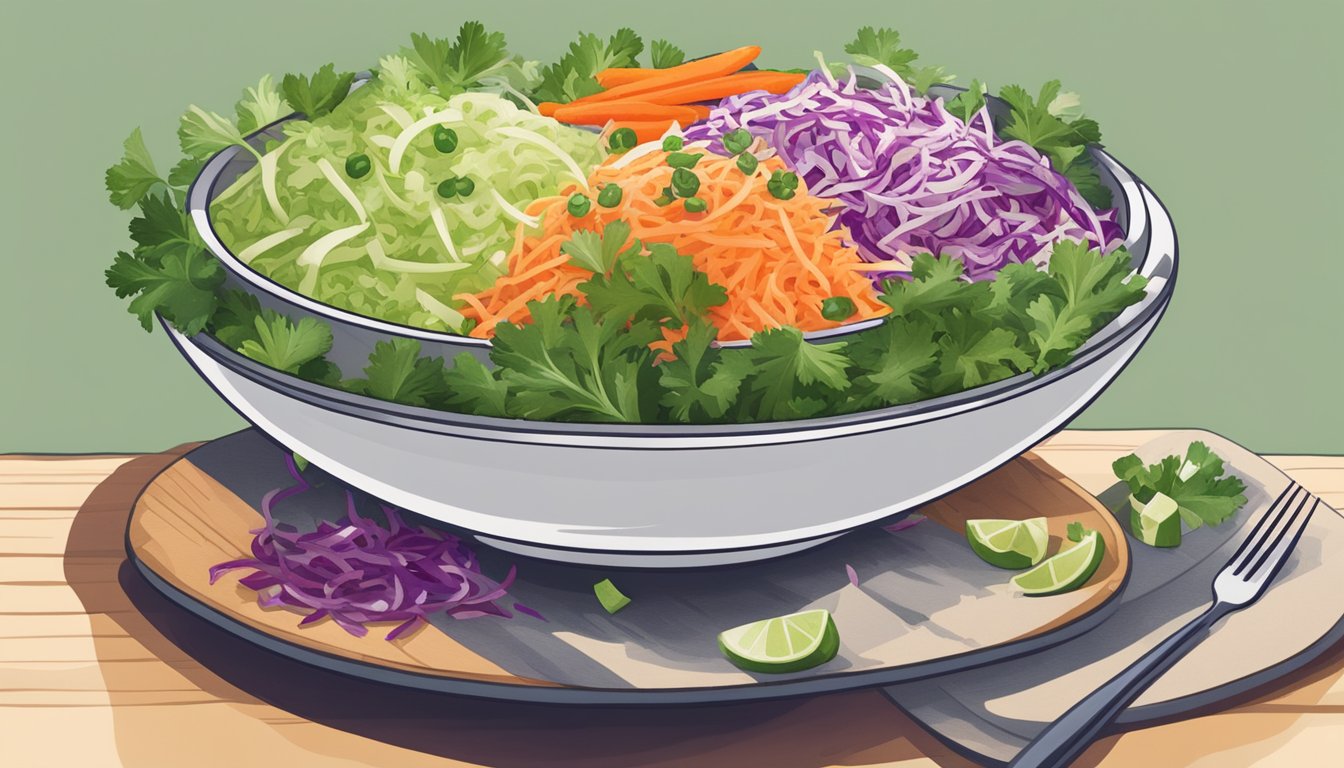 A colorful bowl filled with shredded cabbage, carrots, and red onions, topped with a zesty dressing and sprinkled with cilantro and jalapenos