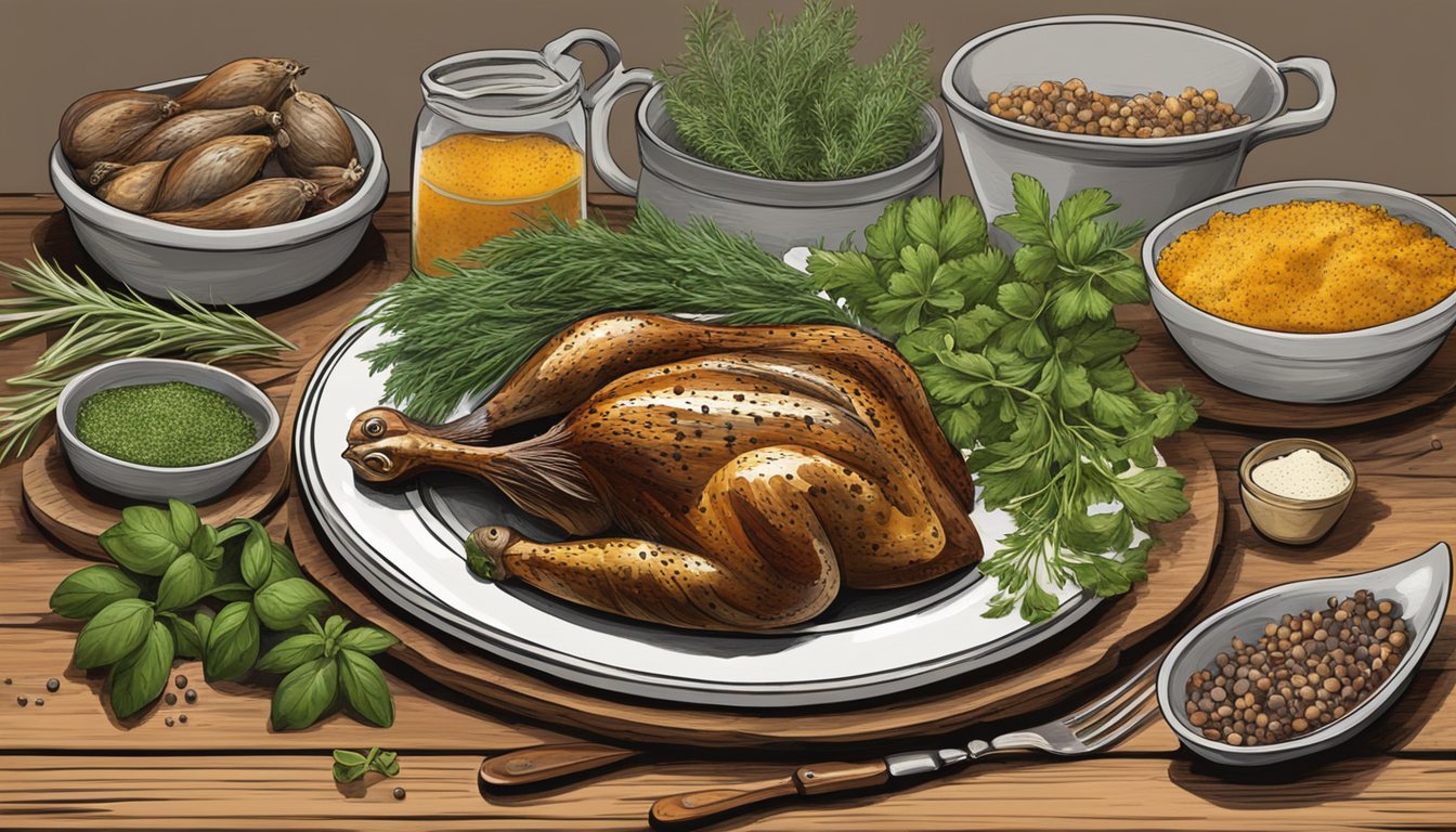 A rustic wooden table adorned with fresh herbs, spices, and a platter of marinating Texas quail