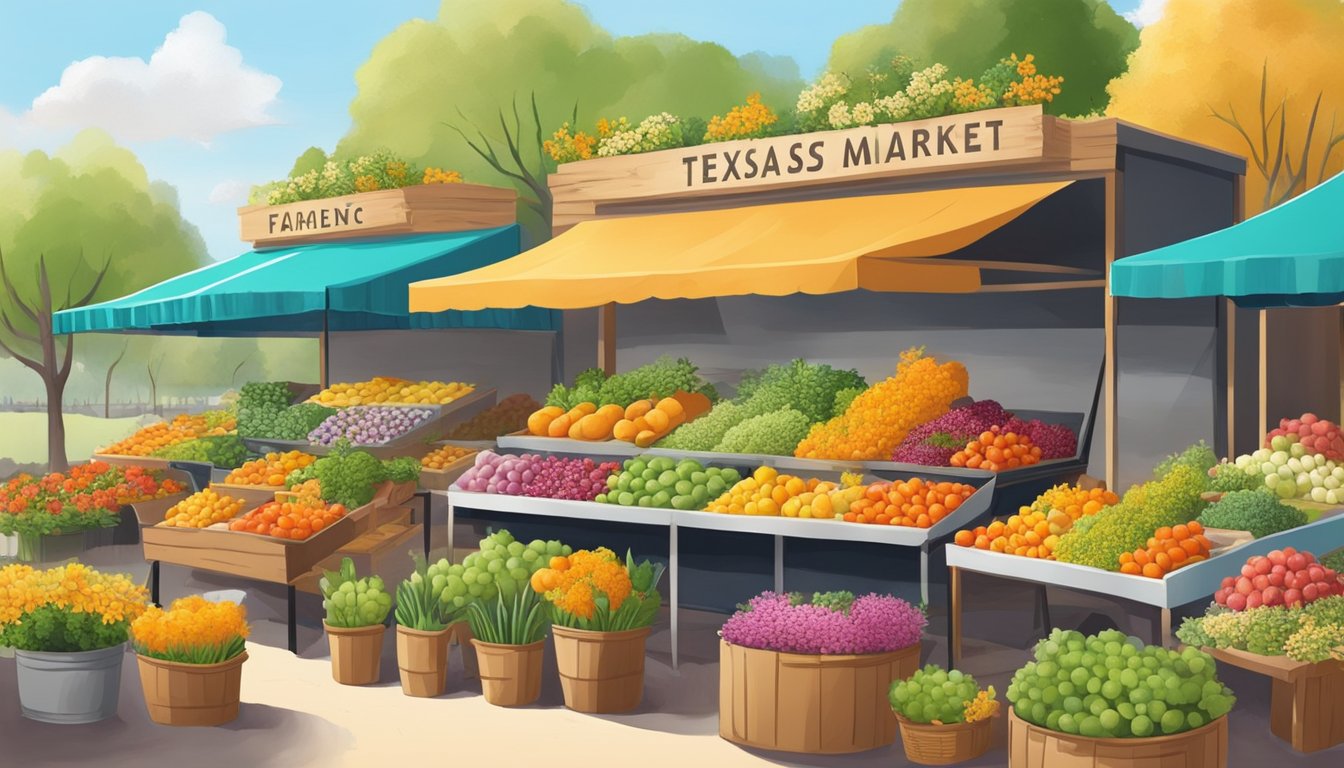 A vibrant farmers market with colorful Texas produce, surrounded by blooming flowers and buzzing bees