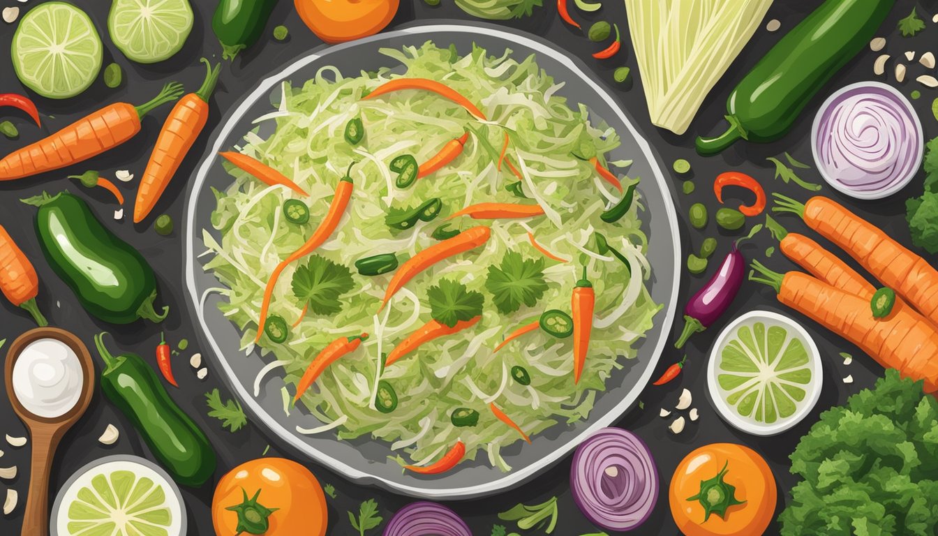 A wooden cutting board holds a vibrant mix of shredded cabbage, carrots, and jalapenos, surrounded by a scattering of spices and a drizzle of tangy dressing