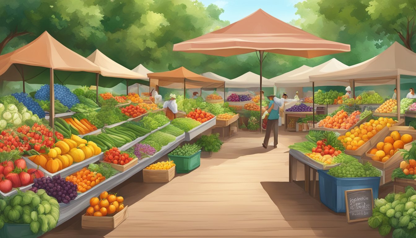 A vibrant farmers market with an array of fresh Texas produce, including colorful fruits and vegetables, surrounded by blooming flowers and greenery