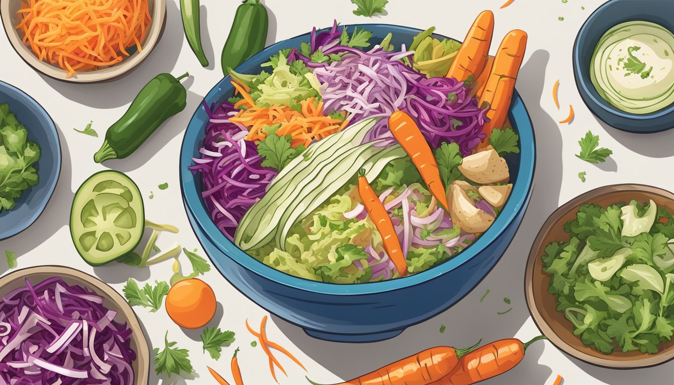 A vibrant bowl of Texas-style slaw, bursting with colorful vegetables and zesty flavors, surrounded by fresh ingredients like cabbage, carrots, and jalapeños