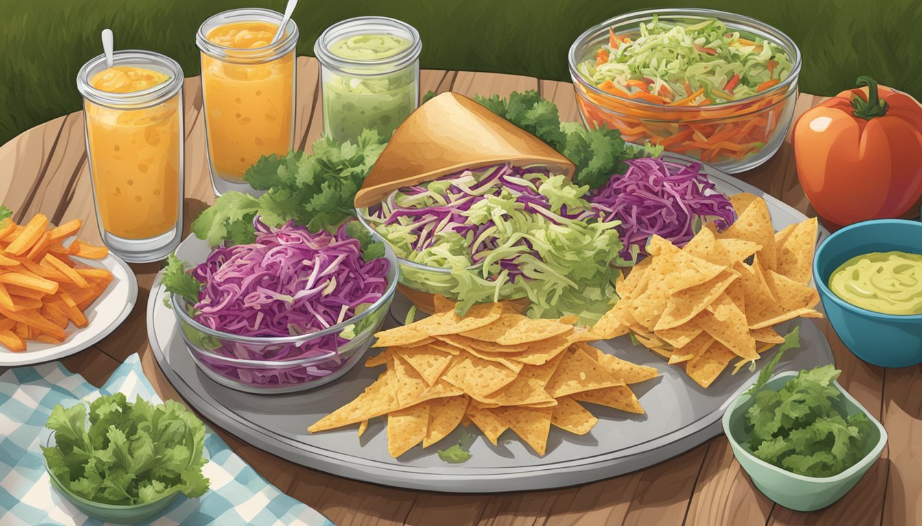 A picnic table set with a spread of Texas style slaw, featuring colorful and crunchy vegetables mixed with a zesty and flavorful dressing