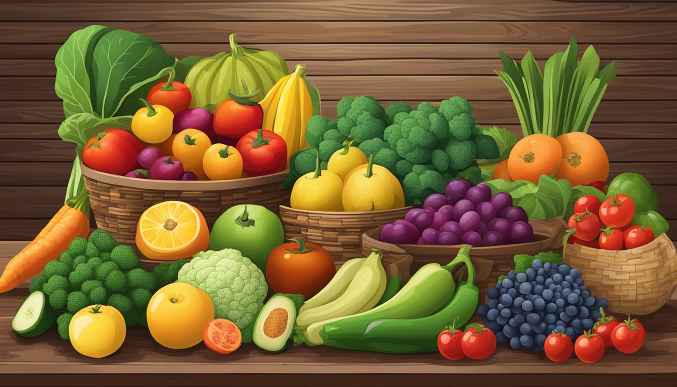 Fresh fruits and vegetables arranged on a wooden table with a basket of colorful Texas produce