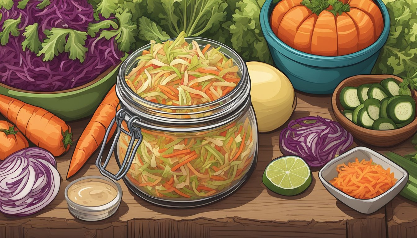 A rustic wooden table with a mason jar filled with vibrant, tangy coleslaw surrounded by fresh vegetables and spices