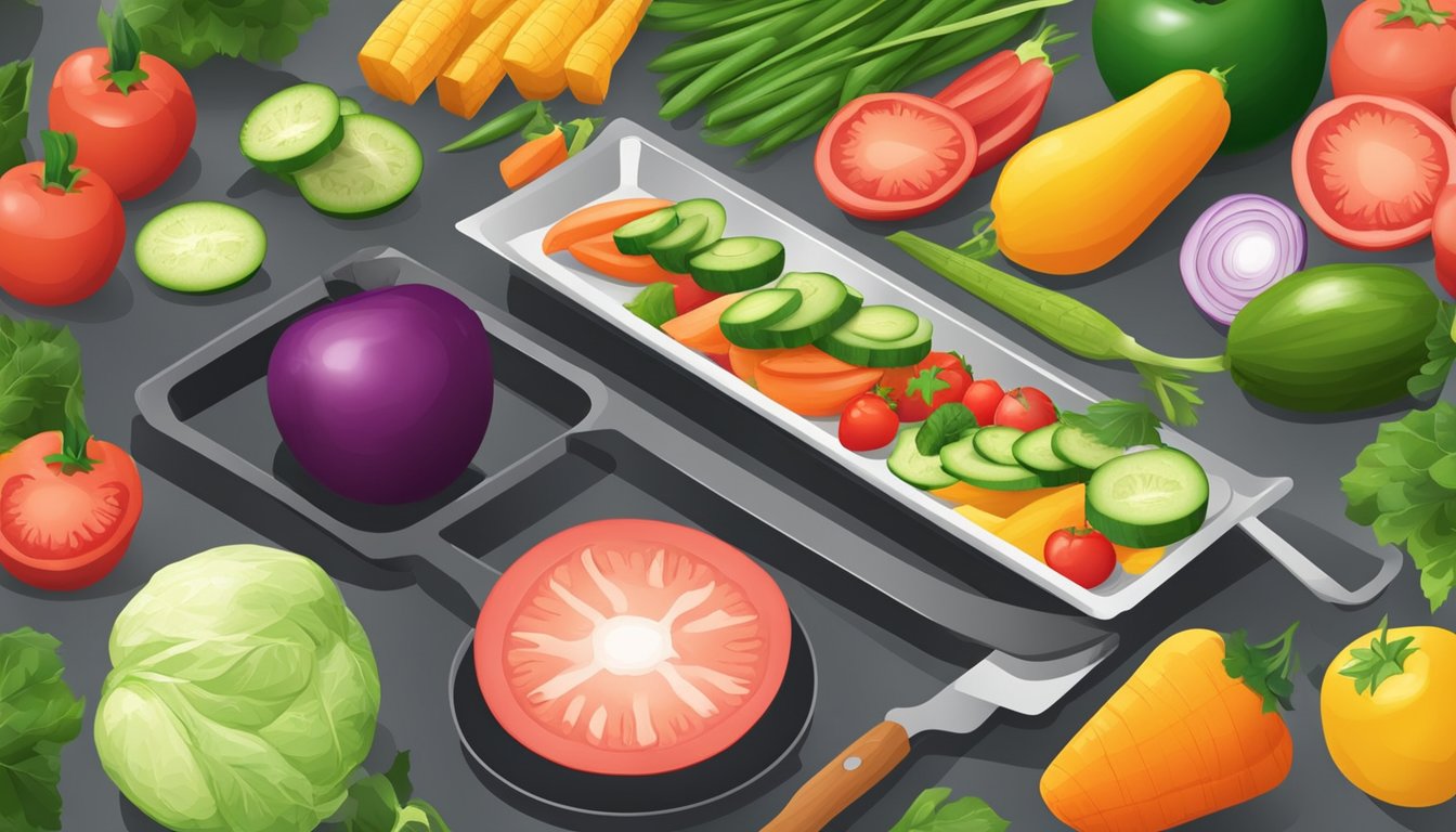 Fresh vegetables being chopped, sizzling on a hot pan, and colorful fruits being sliced for a refreshing spring dish