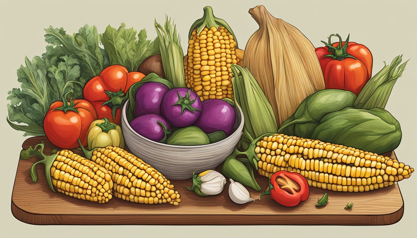 A colorful array of locally sourced ingredients, including quail, corn, peppers, and tomatoes, arranged on a wooden cutting board