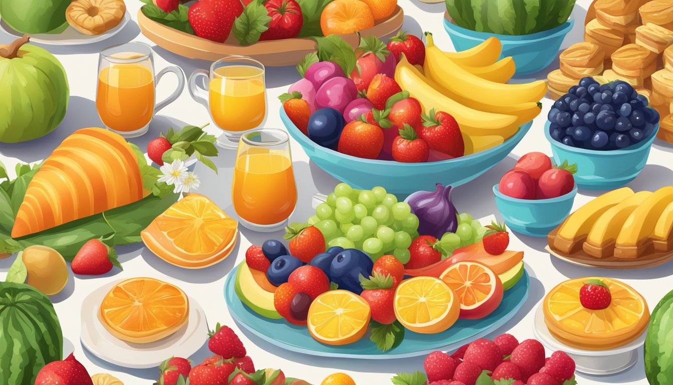 A colorful array of fresh fruits and vegetables, surrounded by delectable pastries and sweet treats, all set against a backdrop of blooming flowers and bright sunshine