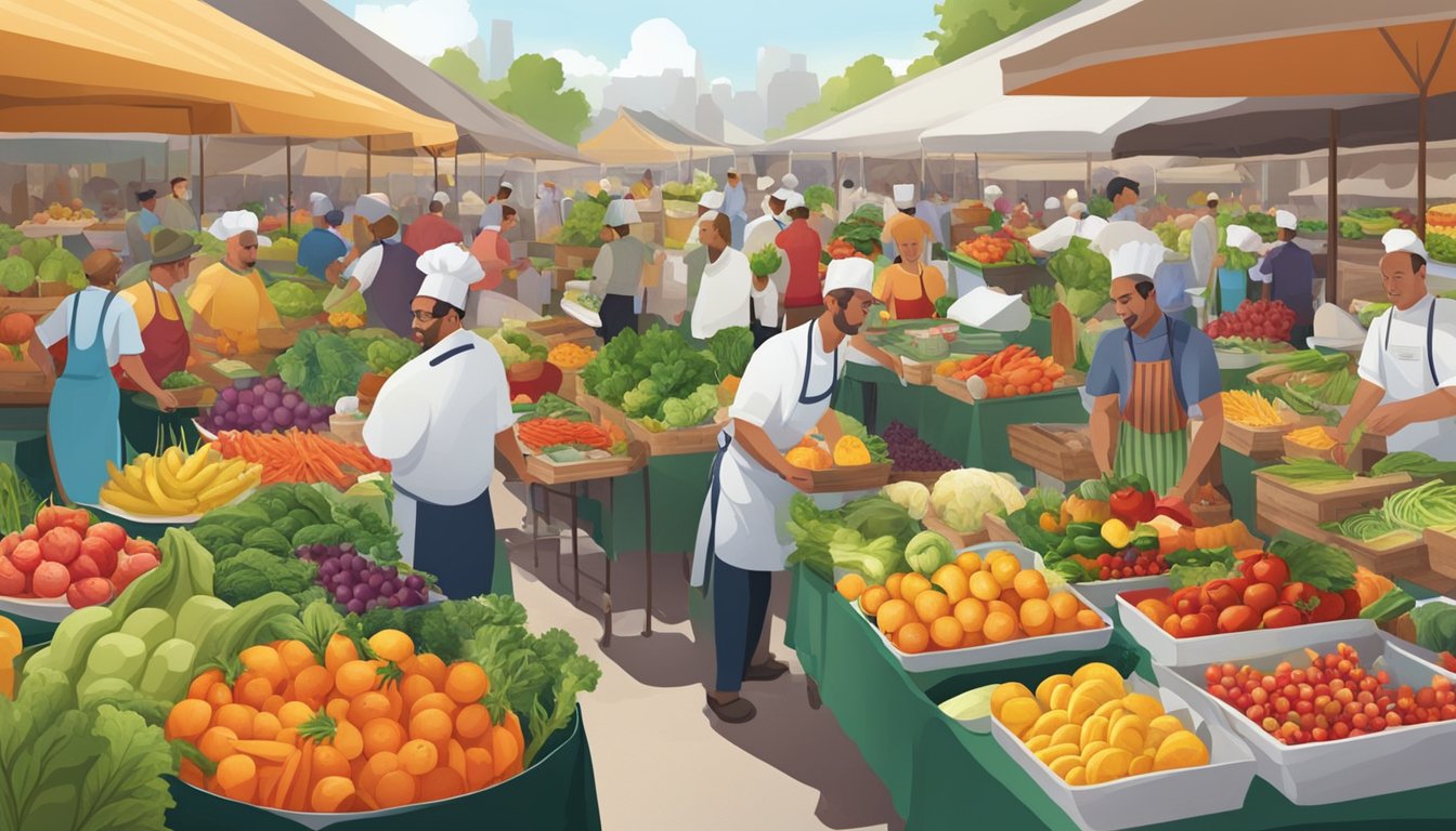 A bustling farmers market with colorful displays of fresh fruits and vegetables, surrounded by chefs creating mouthwatering dishes