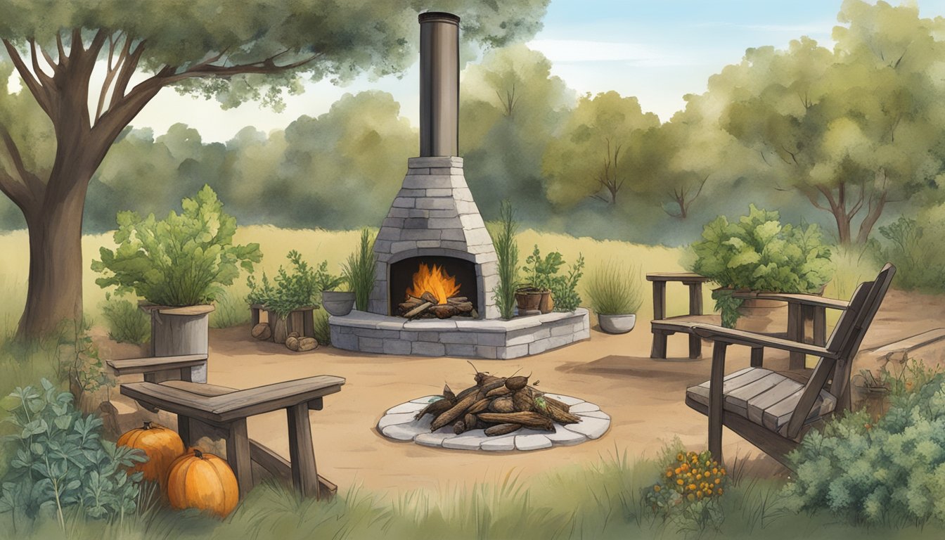 A rustic outdoor setting with a campfire surrounded by Texas quail, local herbs, and vegetables ready for an alternative cooking method