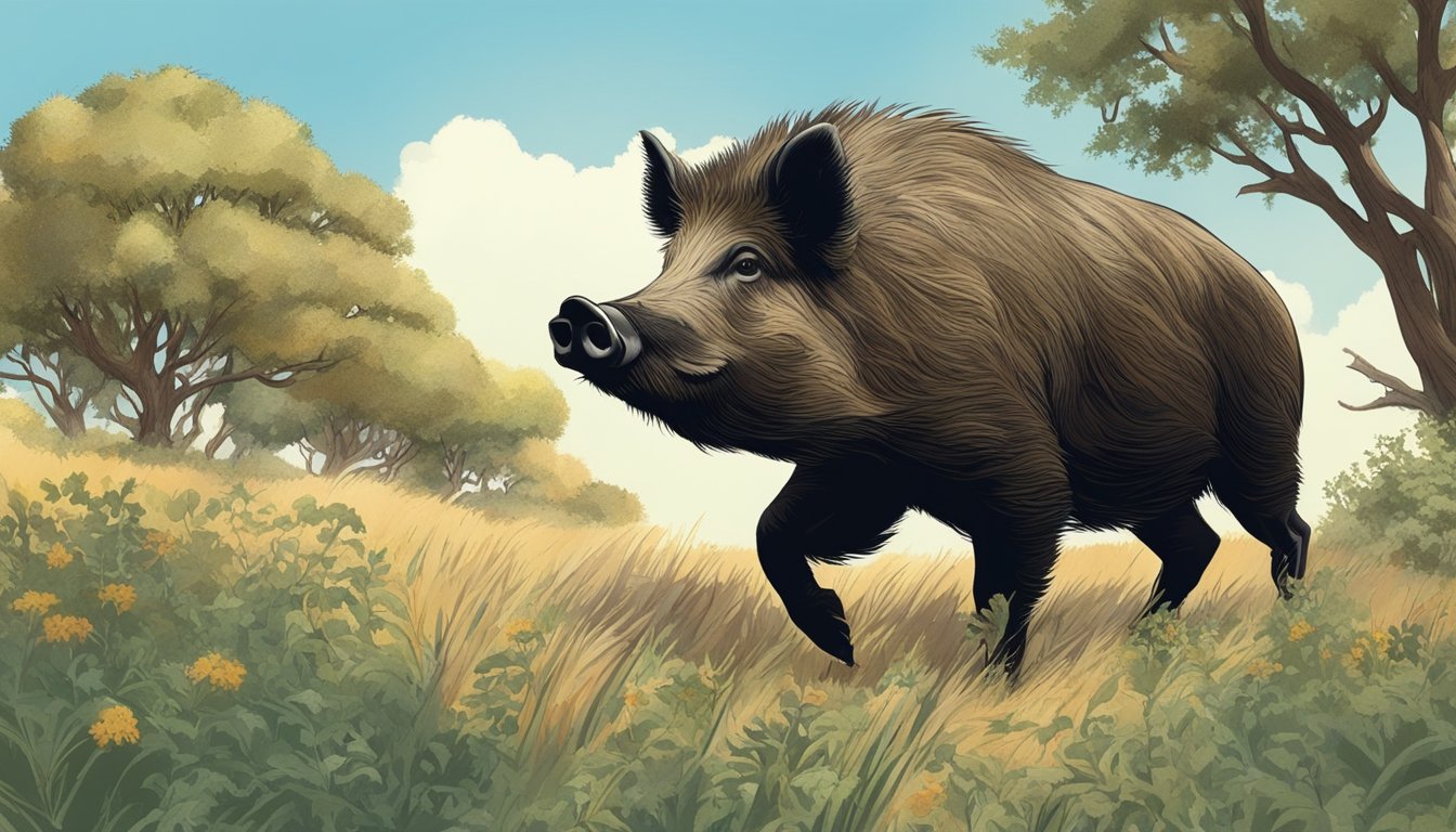 A wild boar foraging in a Texas landscape, surrounded by native vegetation and under a clear blue sky