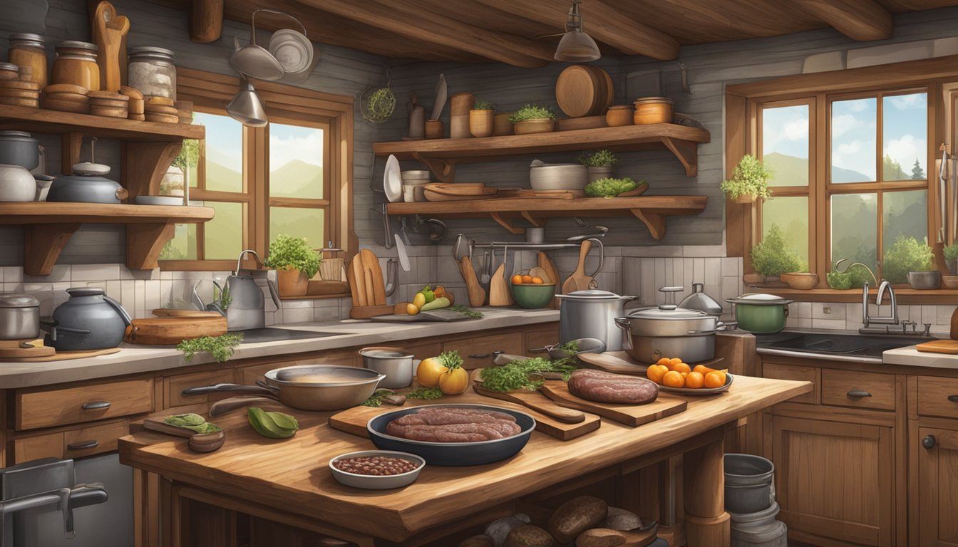 A rustic kitchen with a cluttered countertop, showcasing a variety of cooking utensils and ingredients for making Texas wild boar sausage