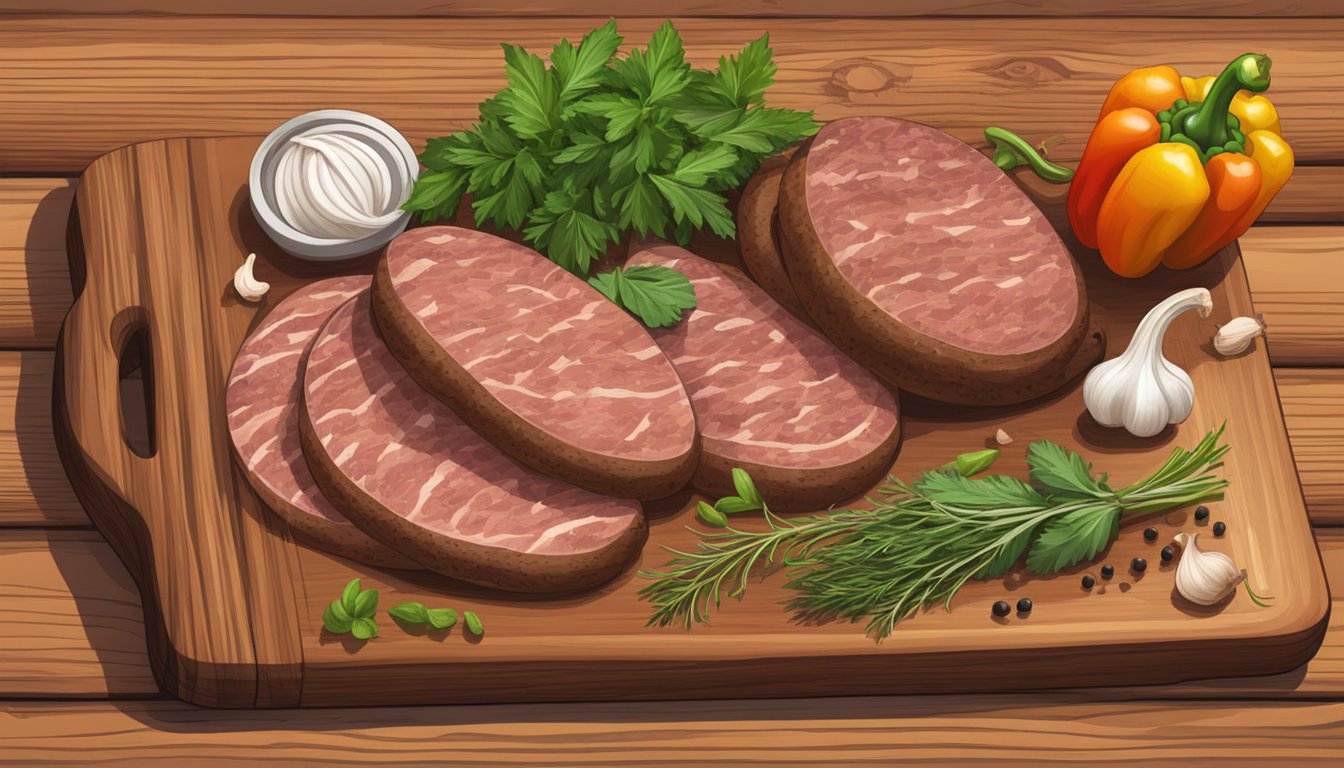 A rustic wooden cutting board holds a coil of Texas wild boar sausage, surrounded by fresh herbs, garlic cloves, and colorful peppers