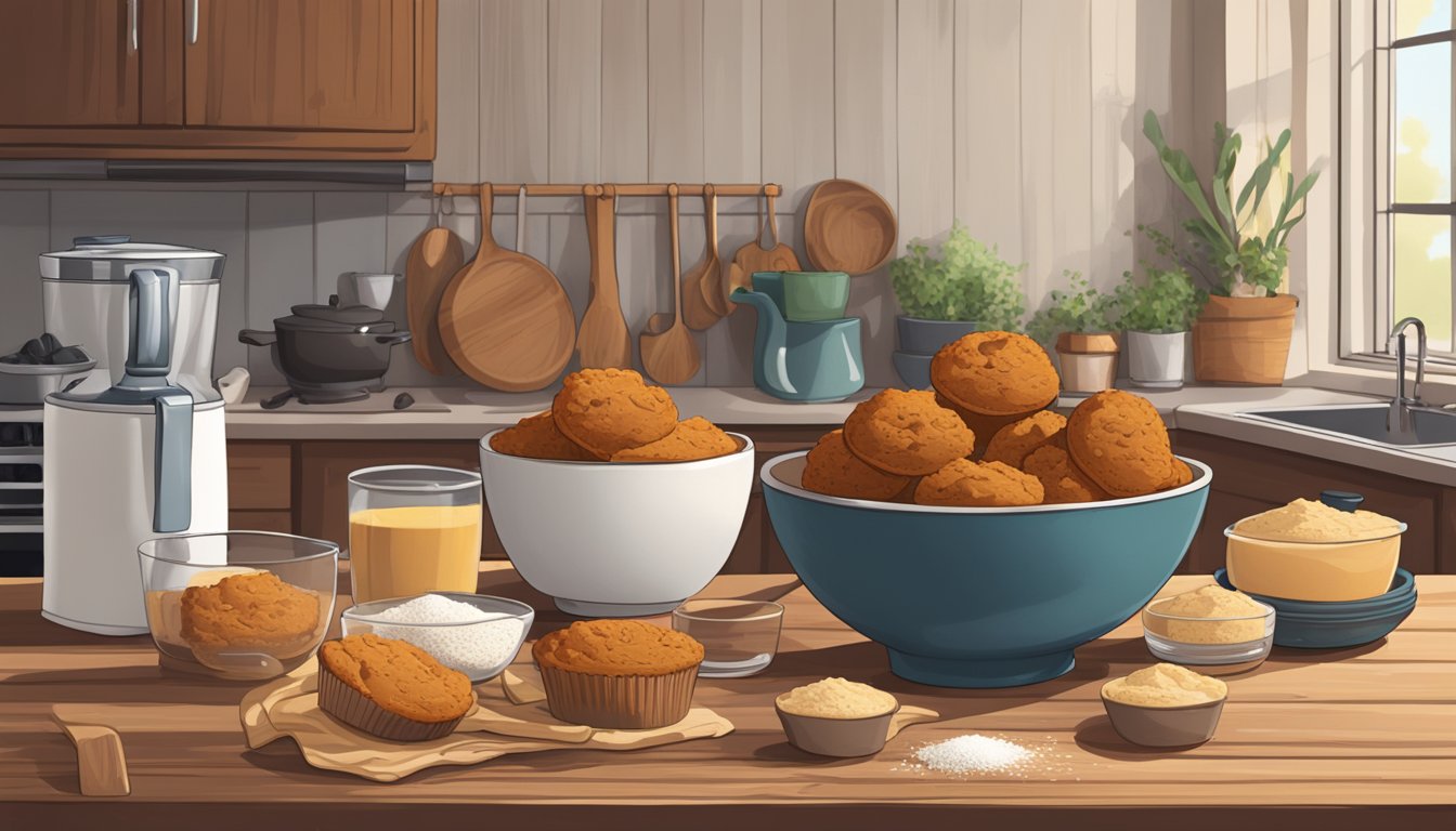 A rustic kitchen with a wooden table displaying Texas-style sweet potato protein muffins, a mixing bowl, and various baking ingredients