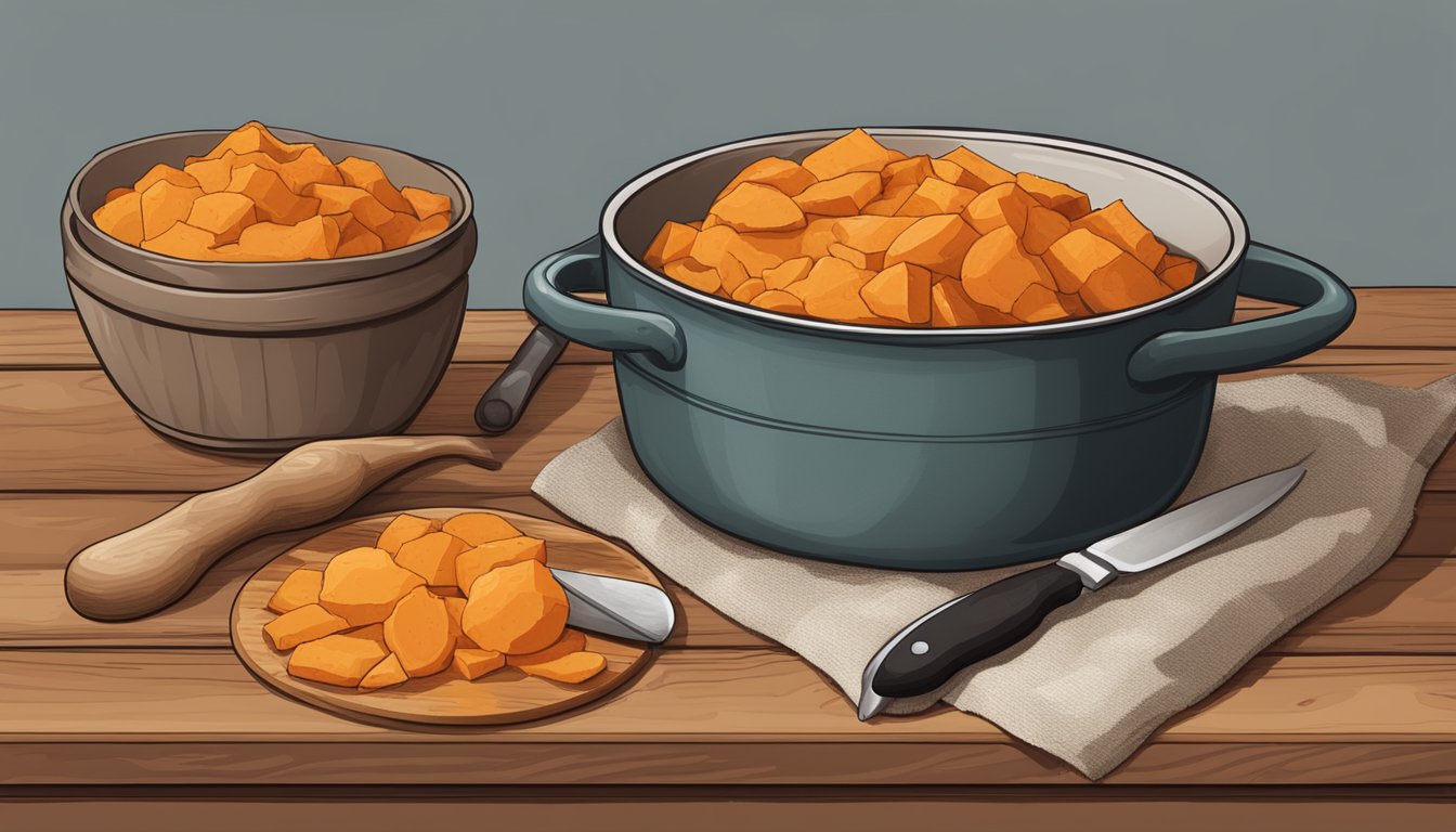 A rustic kitchen counter with a pile of sweet potatoes, a cutting board, a knife, and a bowl of mashed sweet potato puree