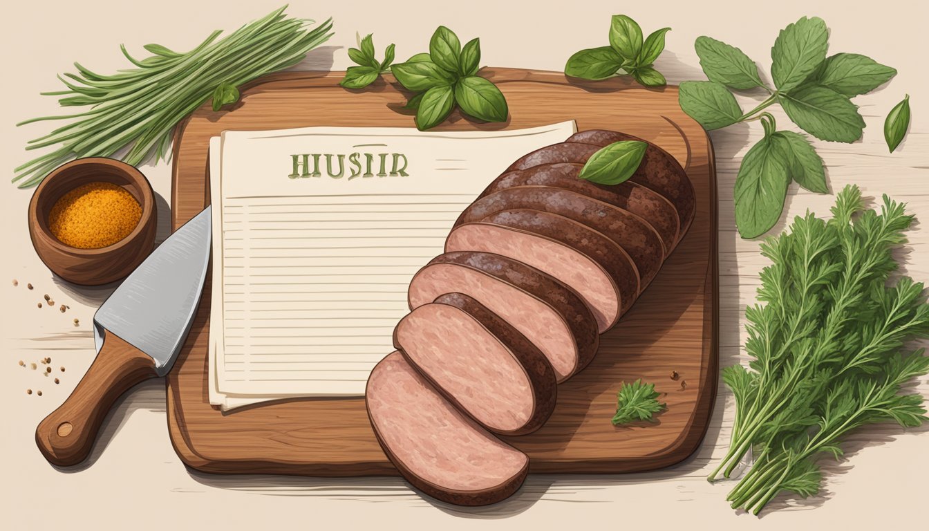 A rustic wooden cutting board with sliced wild boar sausage, surrounded by fresh herbs, spices, and a vintage recipe card