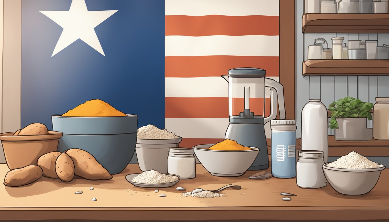 Sweet potatoes, eggs, and protein powder are being mixed in a large bowl. A Texas flag hangs on the wall in the background