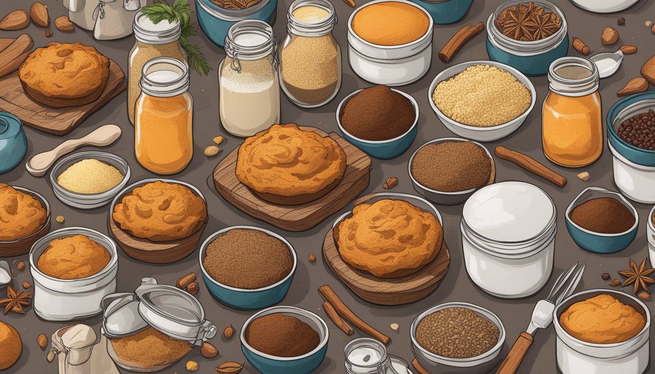 A rustic kitchen table displays a batch of Texas-style sweet potato protein muffins, surrounded by various spice jars and flavor enhancements