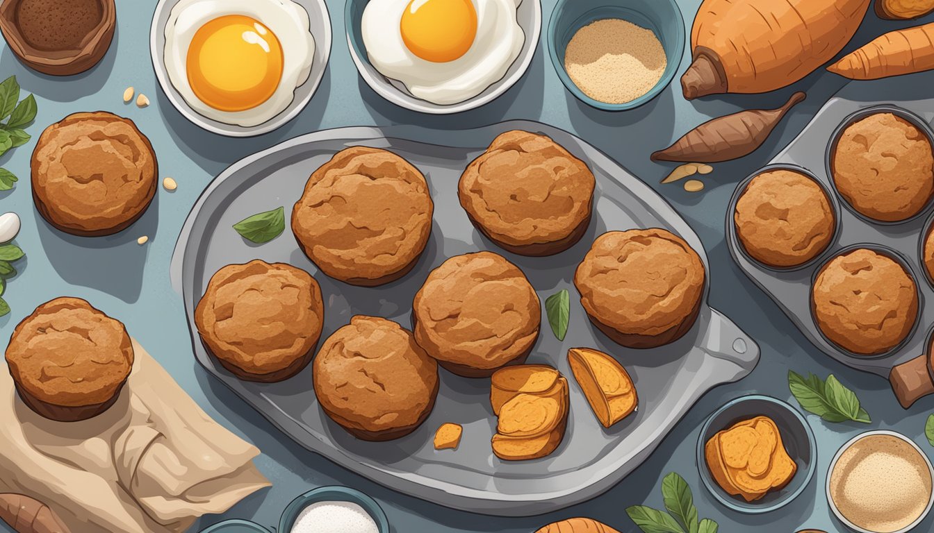 A table with freshly baked Texas style sweet potato protein muffins surrounded by ingredients like sweet potatoes, eggs, and protein powder