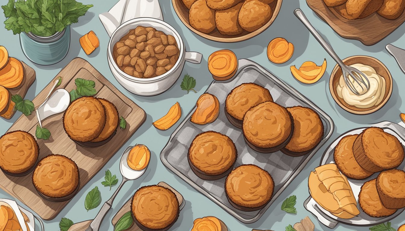 A rustic kitchen table with a spread of Texas-style sweet potato protein muffins, surrounded by fresh ingredients and cooking utensils