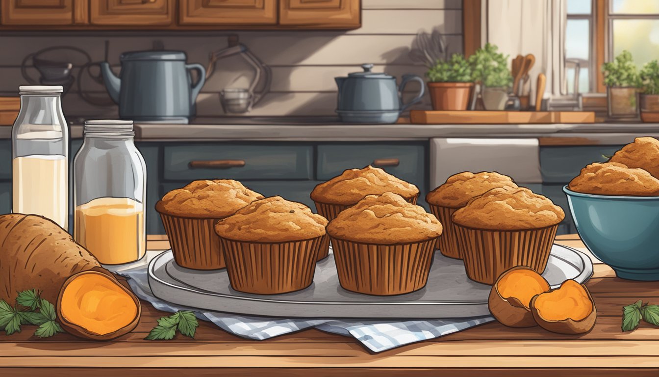 A rustic kitchen scene with a batch of sweet potato protein muffins cooling on a wooden countertop, surrounded by Texas-inspired decor and ingredients