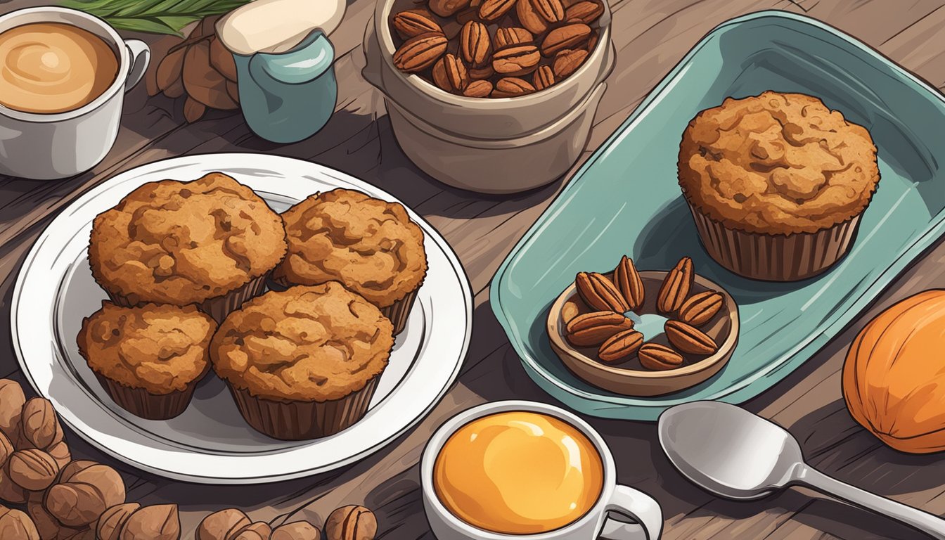 A rustic kitchen table with a plate of Texas-style sweet potato protein muffins, surrounded by fresh ingredients like sweet potatoes, eggs, and pecans