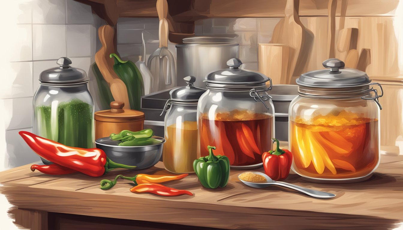 A rustic kitchen with jars of peppers, sugar, and vinegar, a pot simmering on the stove, and a spoon stirring the fiery mixture