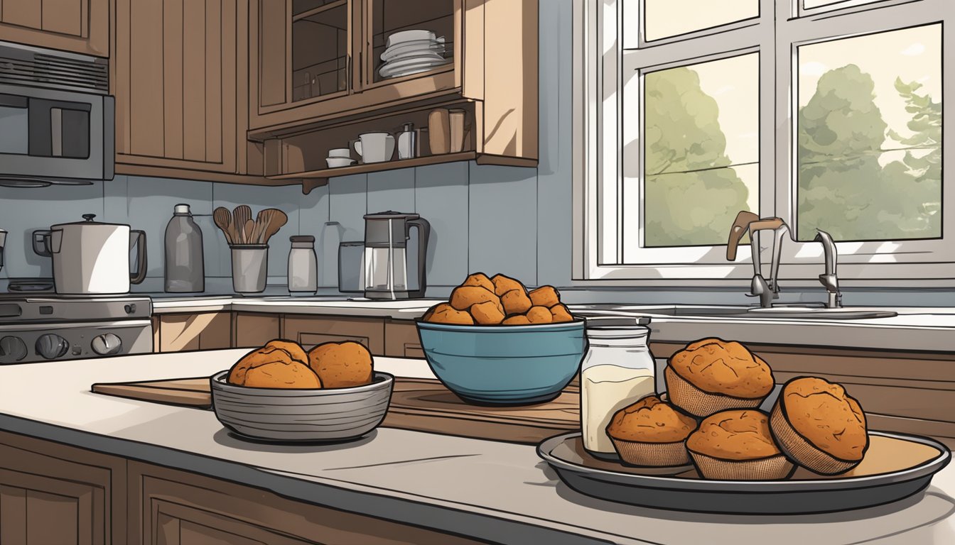 A rustic kitchen counter with a basket of sweet potatoes, a bowl of protein powder, and freshly baked muffins cooling on a wire rack