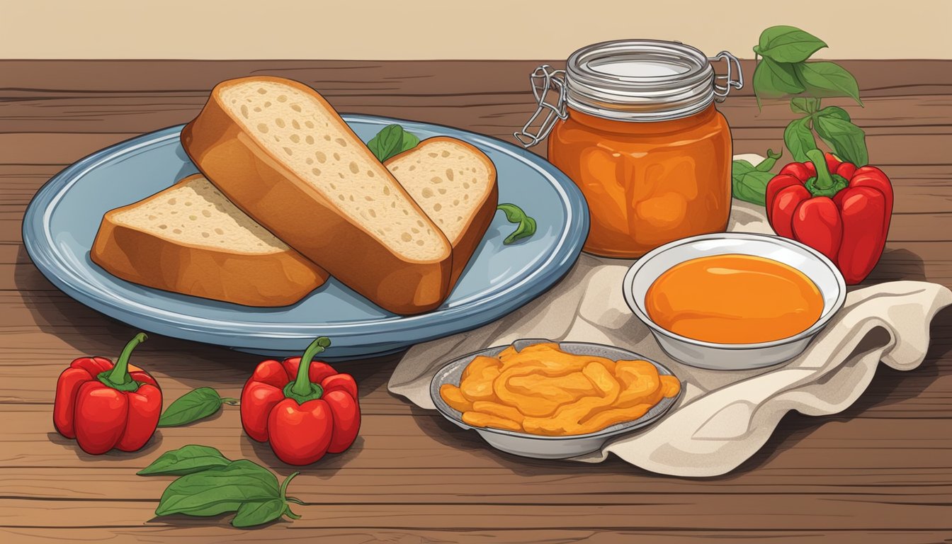 A rustic wooden table spread with a jar of homemade hot pepper jelly, surrounded by colorful fresh peppers, and a basket of warm, crusty bread