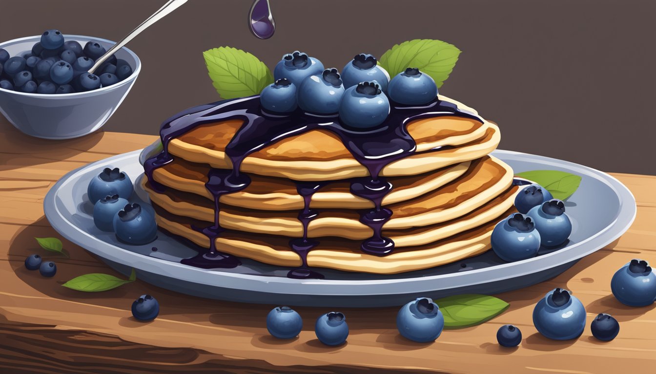 A stack of Texas-style wild blueberry pancakes with syrup dripping down the sides, served on a rustic wooden table with fresh blueberries scattered around