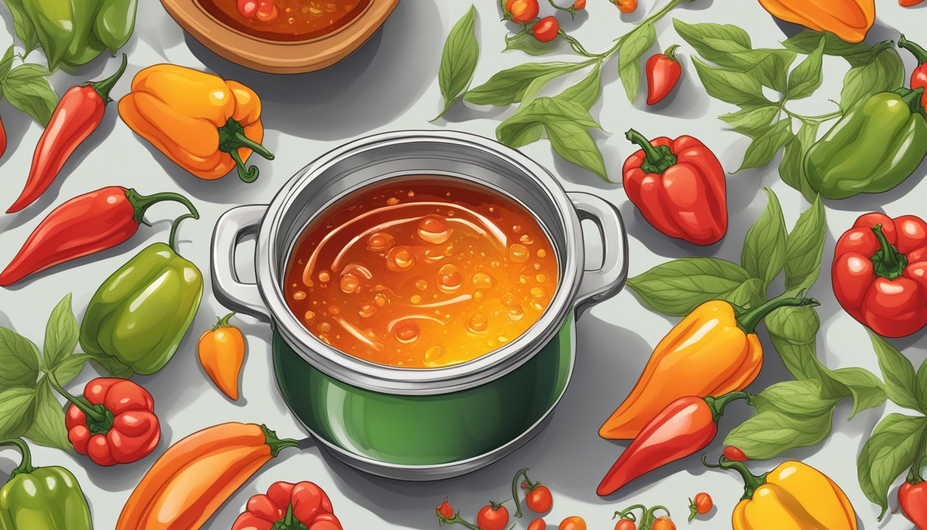 A bubbling pot of hot pepper jelly surrounded by fresh peppers and other ingredients