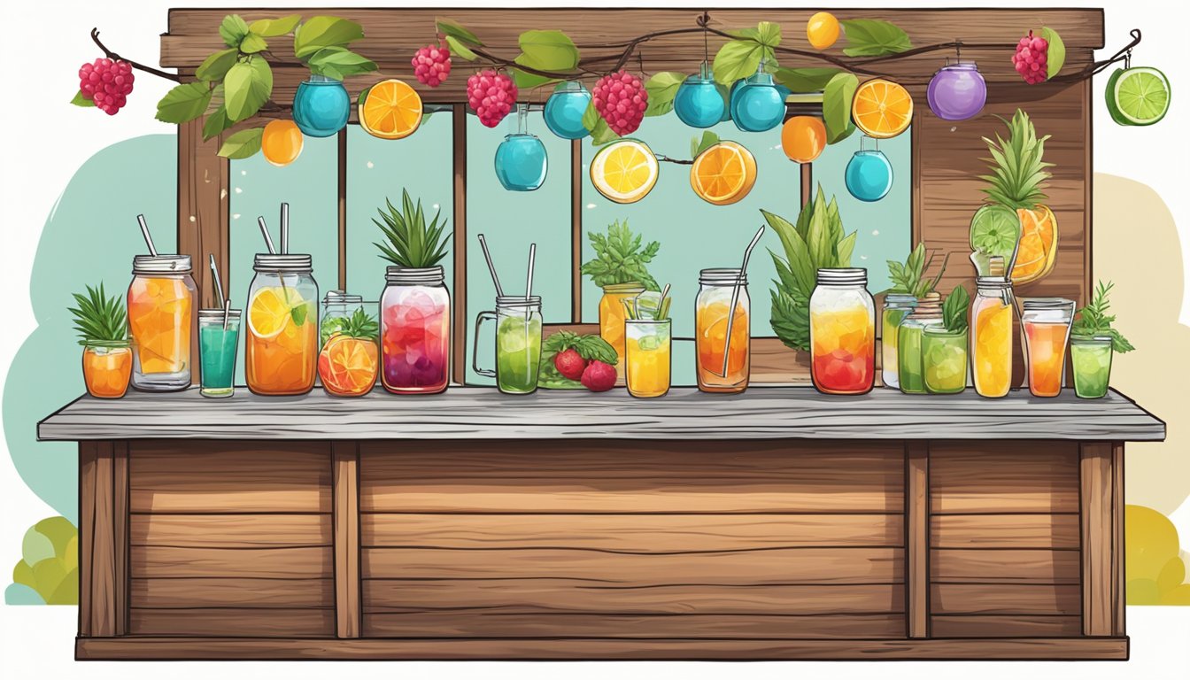 A rustic wooden bar adorned with mason jar glasses filled with colorful, ice-cold Texan summer cocktails, surrounded by fresh fruit and herbs