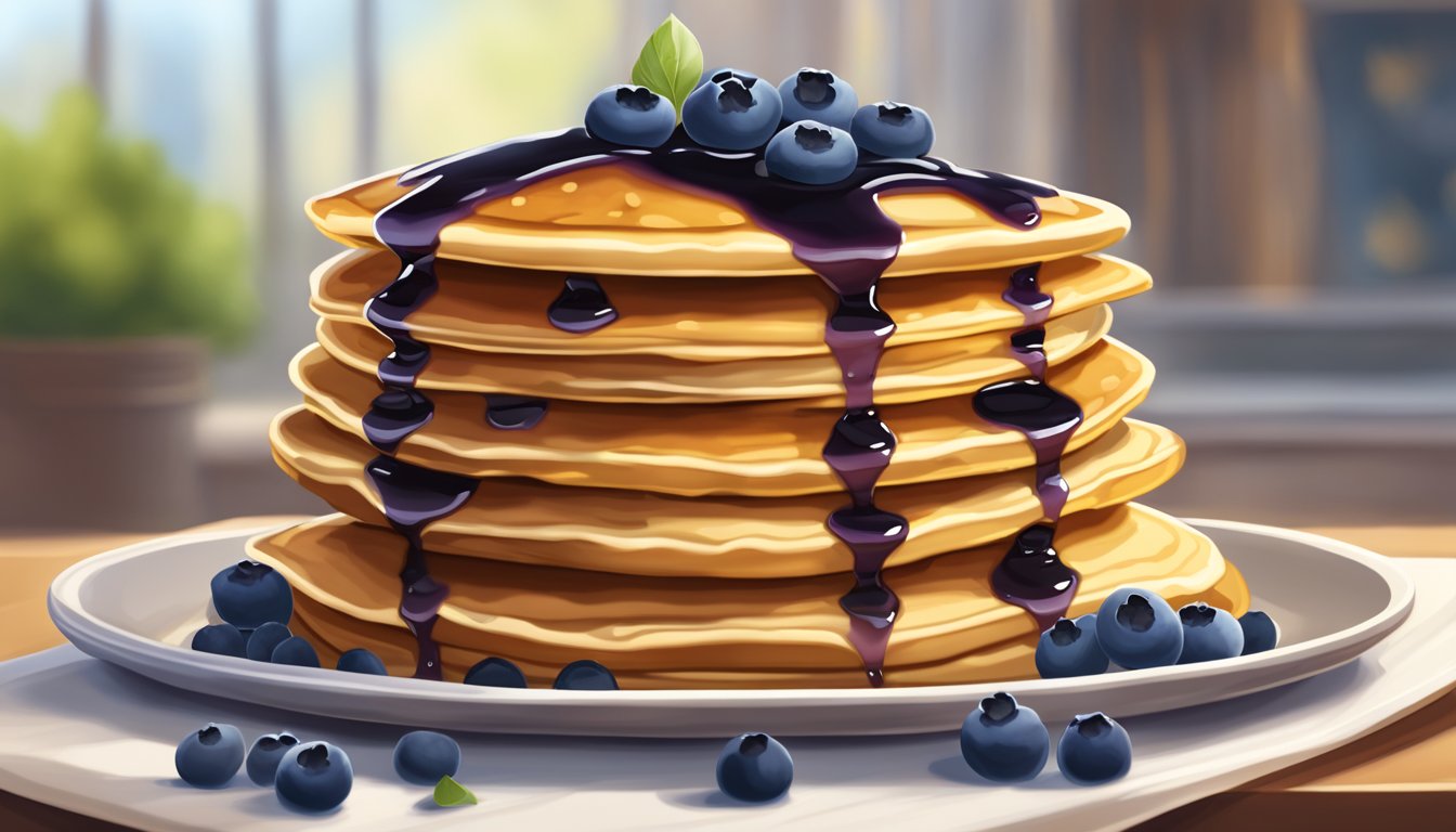 A stack of fluffy, golden pancakes topped with juicy wild blueberries and drizzled with rich Texas-style syrup