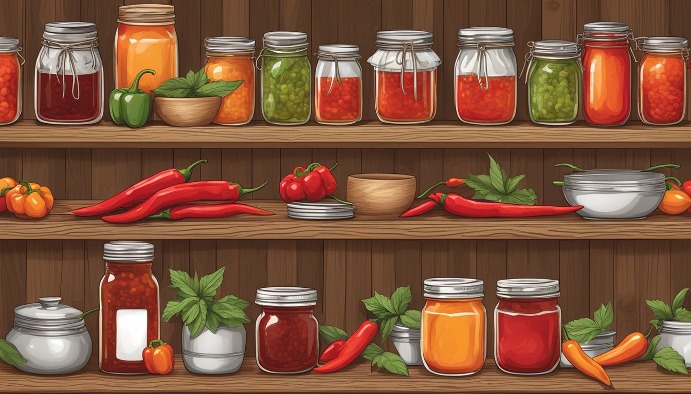 A rustic kitchen with shelves of mason jars filled with vibrant red hot pepper jelly, surrounded by fresh peppers and cooking utensils