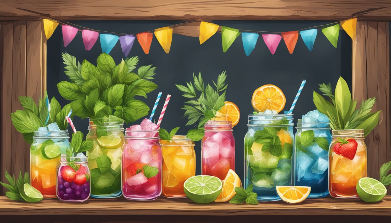 A rustic wooden bar adorned with mason jar glasses filled with colorful, ice-cold cocktails, surrounded by fresh herbs and fruits