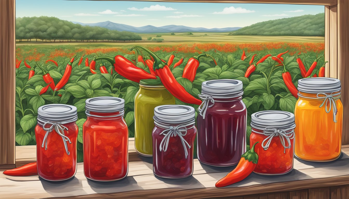 A vibrant red hot pepper plant surrounded by jars of homemade jelly, with a backdrop of the Texas landscape