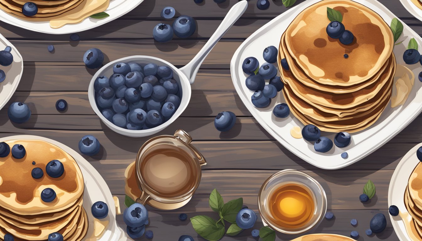 A stack of texas style wild blueberry pancakes with a side of fresh blueberries and a drizzle of maple syrup on a rustic wooden table