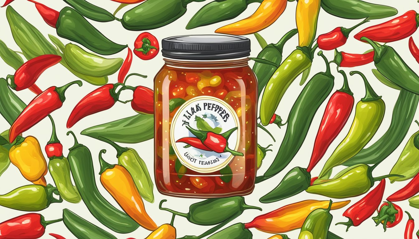 A jar of Texas Hot Pepper Jelly surrounded by fresh jalapenos and colorful chili peppers