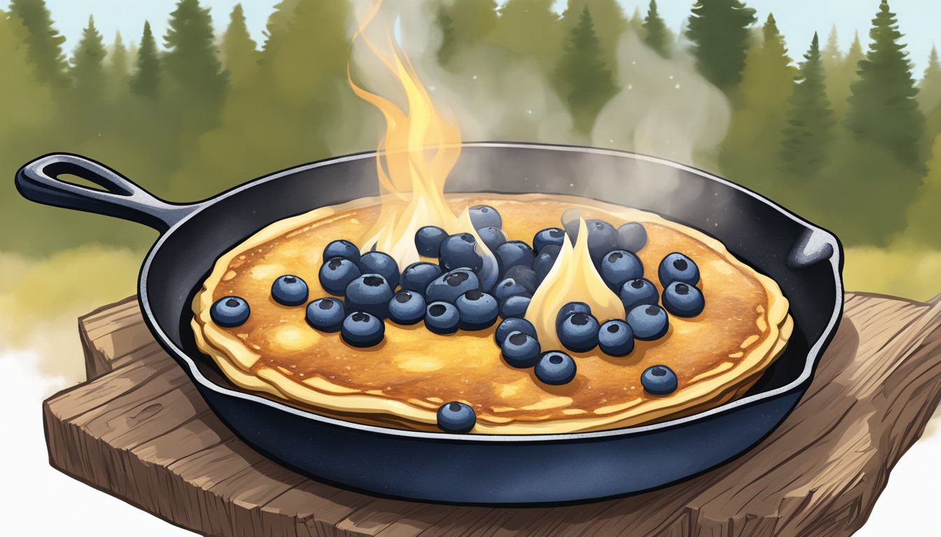 A cast iron skillet sizzles on a campfire, flipping Texas-style wild blueberry pancakes. Butter melts on top, emitting a sweet aroma