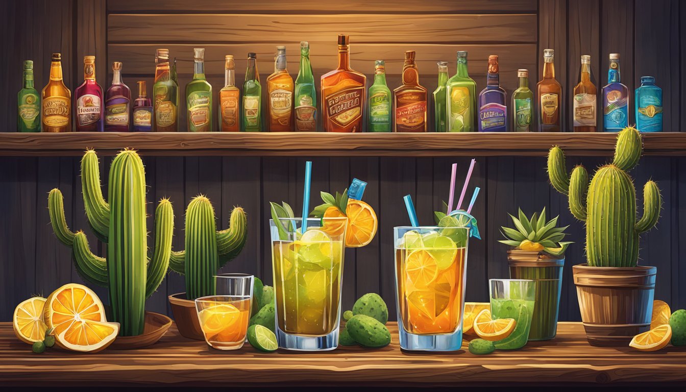 A rustic wooden bar adorned with cactus and cowboy hats, showcasing colorful Texan cocktails with refreshing citrus garnishes