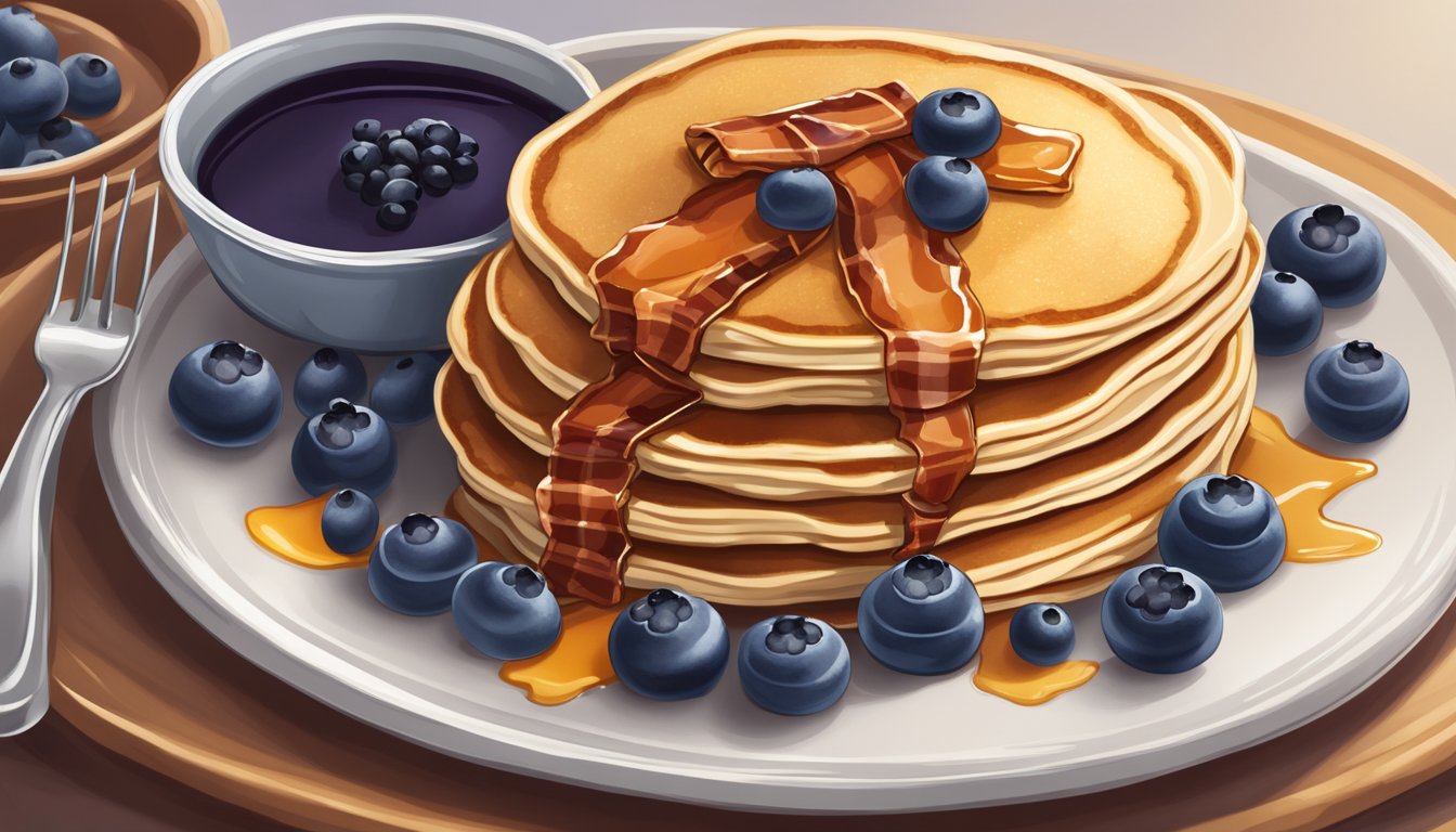 A plate of golden, fluffy pancakes topped with wild blueberries and drizzled with maple syrup, served with a side of crispy bacon