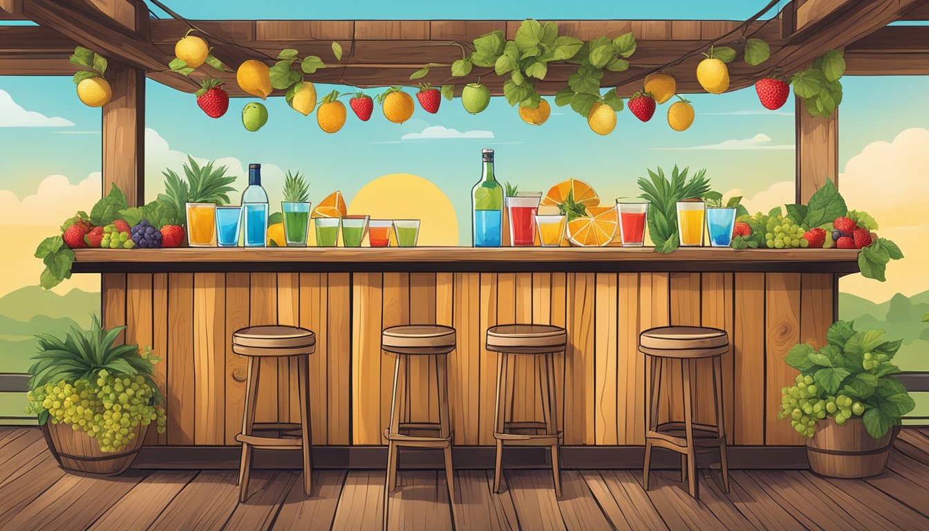 A rustic wooden bar adorned with fresh fruit, herbs, and colorful cocktail glasses, surrounded by a backdrop of sunny Texas landscape